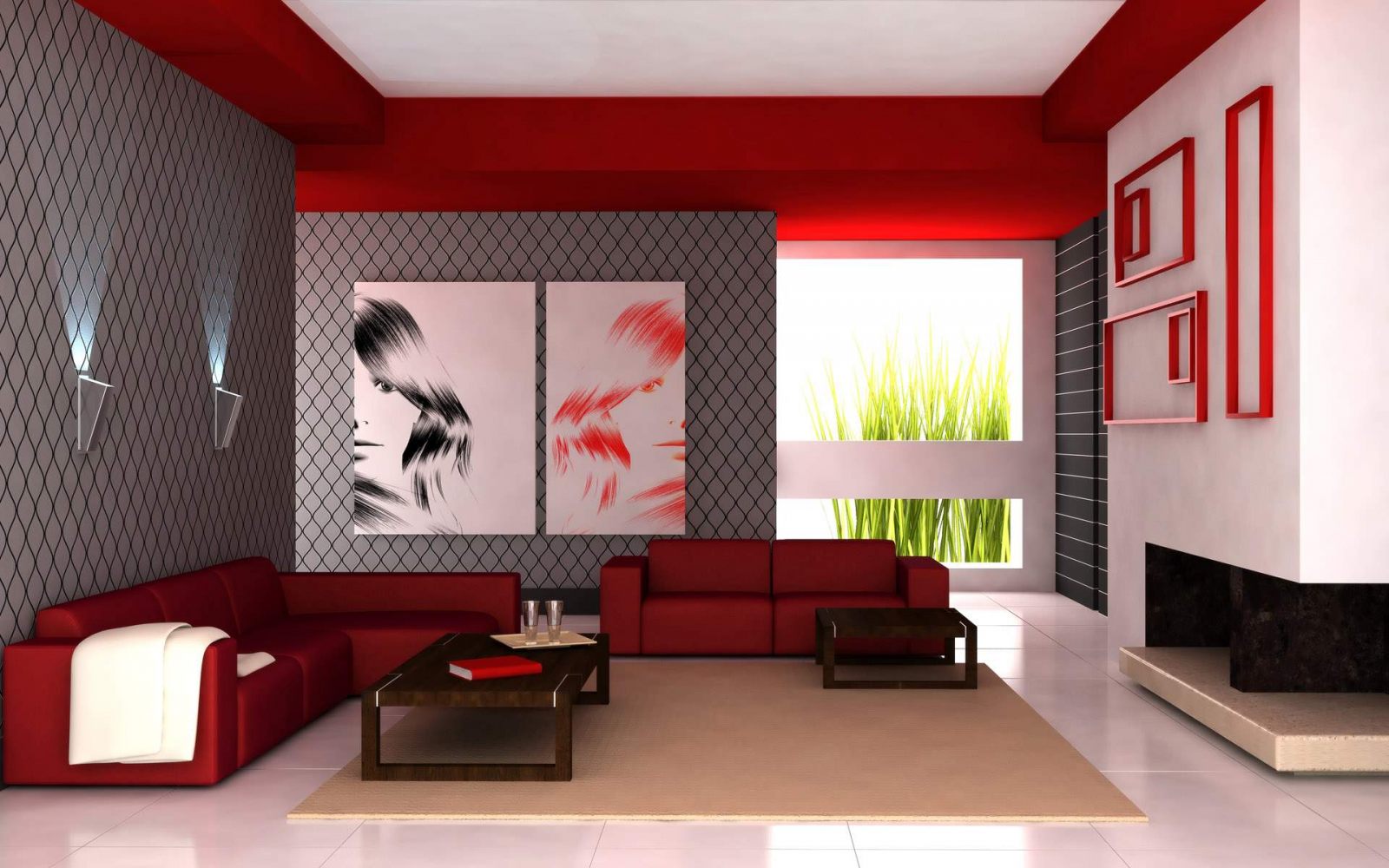 Sala moderna com sofás vermelhos